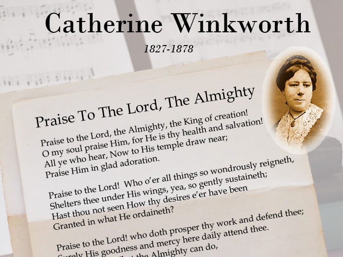 Catherine Winkworth has contributed over one hundred hymns to the Christian hymnal. Her work in making German hymns available in English has allowed us to have access to many great hymns of past centuries which would be otherwise beyond our reach.