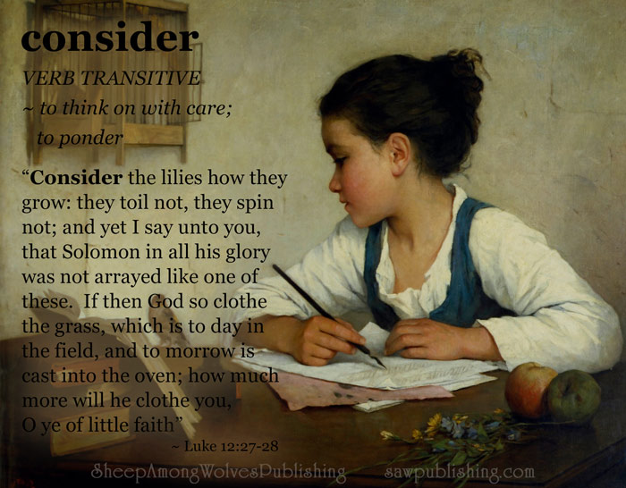 The Word of the Week Lesson #21 takes a look at Luke 12:27-28 as we explore the meaning of the word CONSIDER.